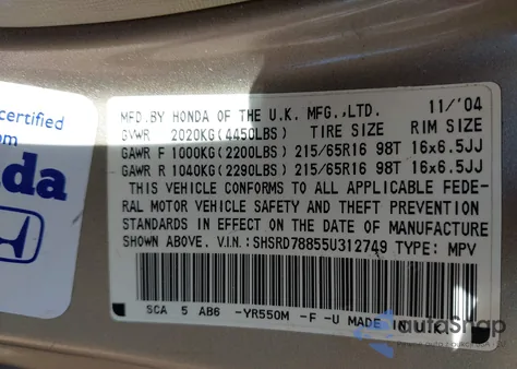 2005 Honda Cr-V Ex z USA, uszkodzony, nr VIN SHSRD78855U312749